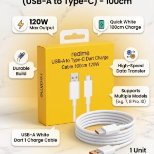 Realme 120W Dart Charge Cable (USB-A to Type-C) - 100cm (1 Meter), TPE Material, Ultra-Fast Charging
