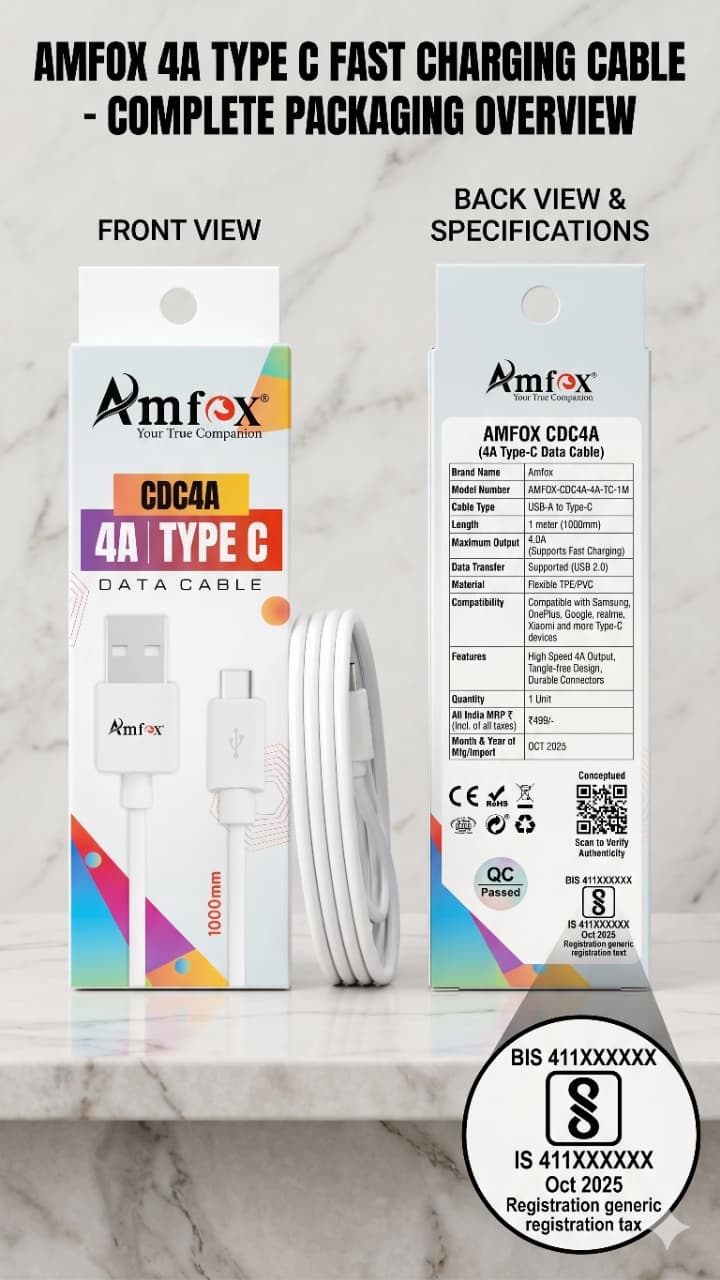 Amfox CDC4A 4A Fast Charging USB to Type C Data Cable | 1 Meter | High Speed Charging & Data Sync Cable | White